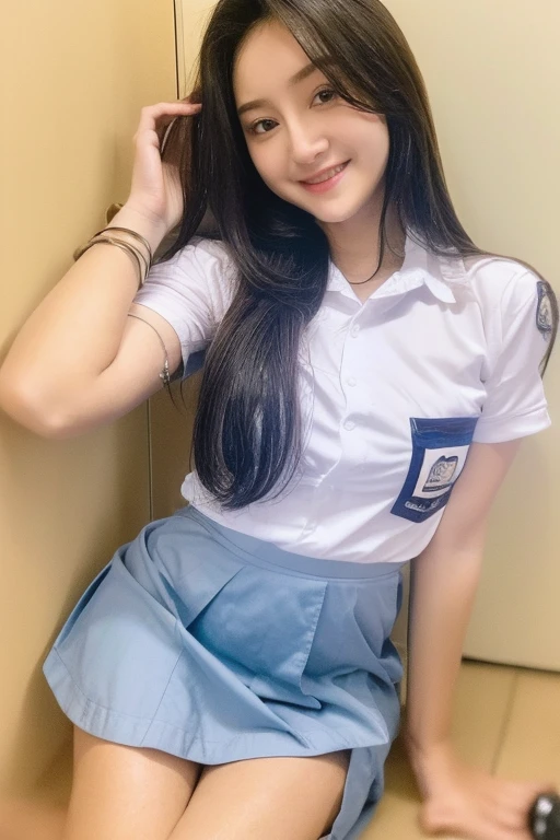 ((Wearing a high school uniform:1.4)), ((white short Sleeve shirt, blue grey short skirt))、((Ultra-realistic image quality:1.4)),The highest masterpiece,ultra HD,4K,((Smile))、bionde、Sexy Face、Short ponytail hair,((One woman:1.5))、Three people lined up、Clothes are wet、Hair tied up、Wet、Full body photo、Sexy Face、A look of complete lust、(((masterpiece)))、((Highest quality))、((超Realistic))、perspective、Very detailed、The perfect temptation、Best image quality、Fine-grained image quality、beautiful、European,Realistic, High resolution, Soft Light,Hip Up, large round breasts, huge round breasts, Glowing Skin, (Detailed face)jewelry, Wavy Hair,attractive appearance, Perfect Style,C cup 、 Perfect balance, close-up shot from above,