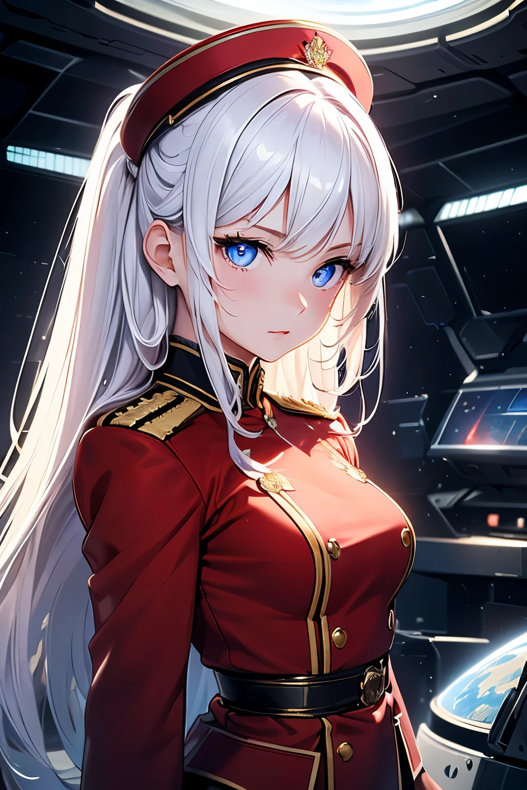 masterpiece,Highest quality,Very detailed,16 talented beautiful girls,Small breasts,White straight hair,Perfect Blue Eyes,very cute,Red military uniform,Sci-fi giant space city