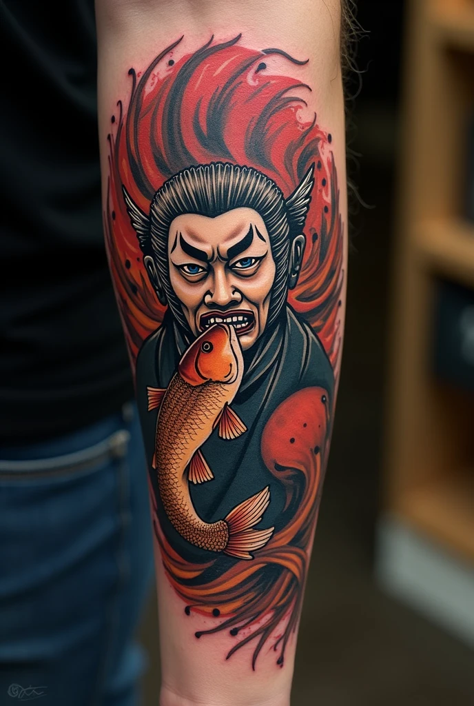 A tattoo of a Kabuki with a mask and a fish in his mouth on his arm.