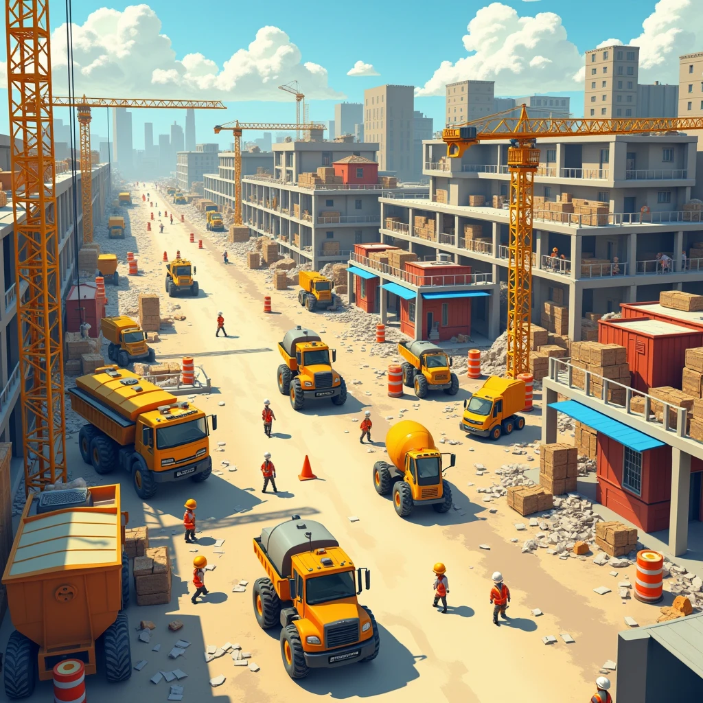 "Illustrate a bustling construction site filled with various vehicles for an I Spy game."