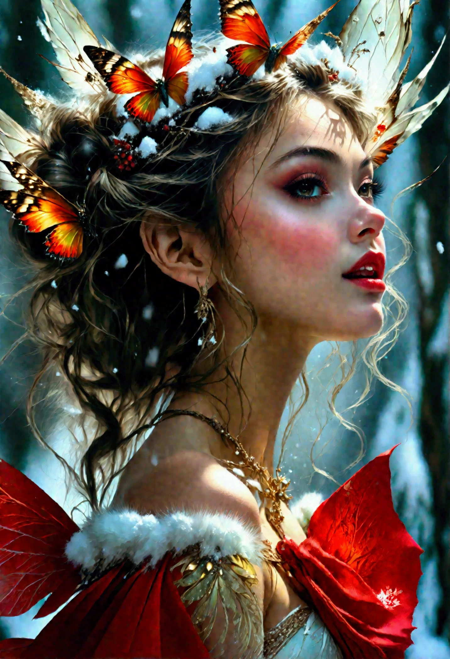 (oil painting art: 1.5) a most beautiful fairy playing in the snow, a beautiful fairy, ((full body shot: 1.5)), (best detailed face: 1.3), spread butterfly wings, dynamic hair color, dynamic hair style, busty, wearing red silk dress, intricate silk, wearing high heels boots, she is playing the snow, fresh snow in the forest, high snow, High Detail, Ultra High Quality, High Resolution, 16K Resolution, Ultra HD Pictures, Ultra Realistic, Clear Details, Realistic Detail, Ultra High Definition, DonMF41ryW1ng5XL