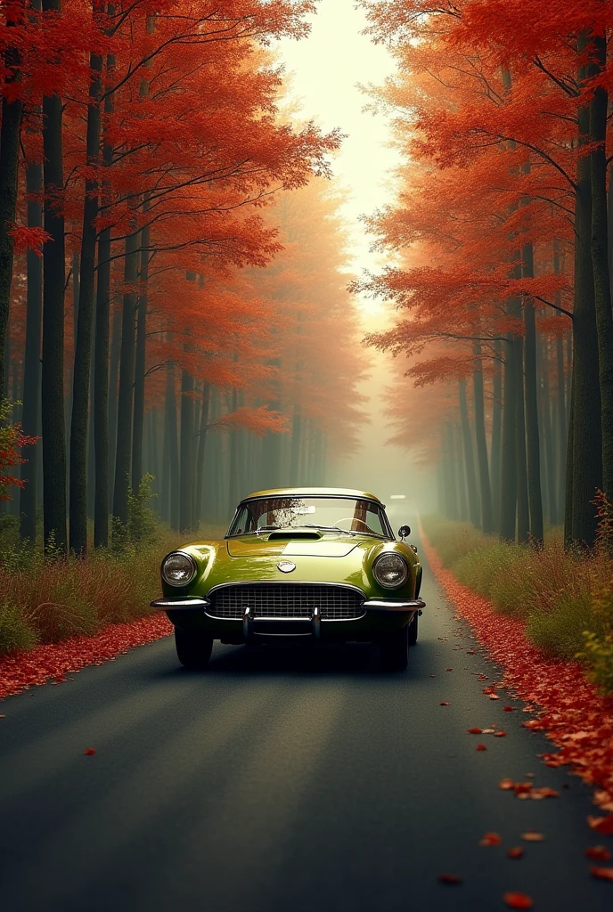 A car in olive driving in red tree between black roads 