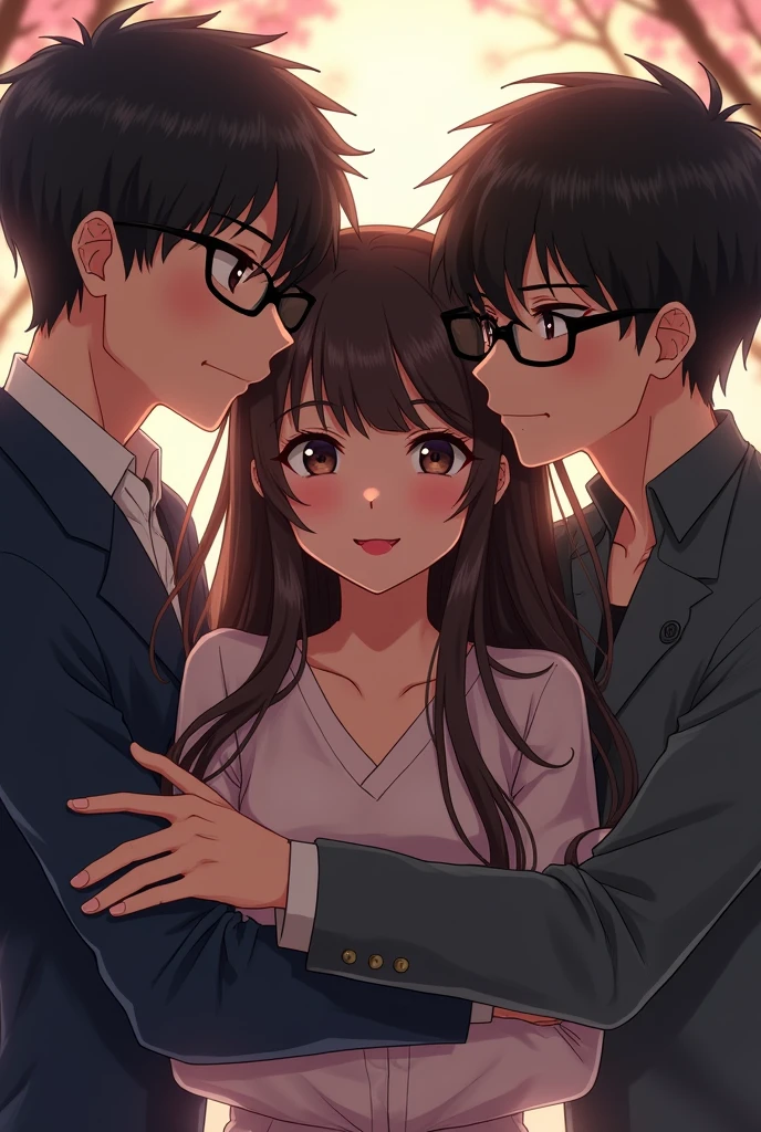 A long-haired girl caught in the arms of two boys with glasses looking at the girl with desire and rivalry between them Animated