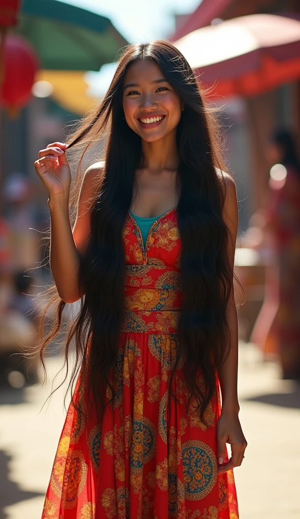 、Full body photo、Taken from about 4 meters away、ultra-realistic、. pretty Indonesian girl,(( with hair Bun)),((The size of the bun is 8 times the size of his head)),round hairbun, very large Bun,longhair girl, floor length hair, very thick hair,full hair on floor,(one  hand lift hair),wear colour full long dress,on middle of traditional market, bright sunlight from side,laugh,