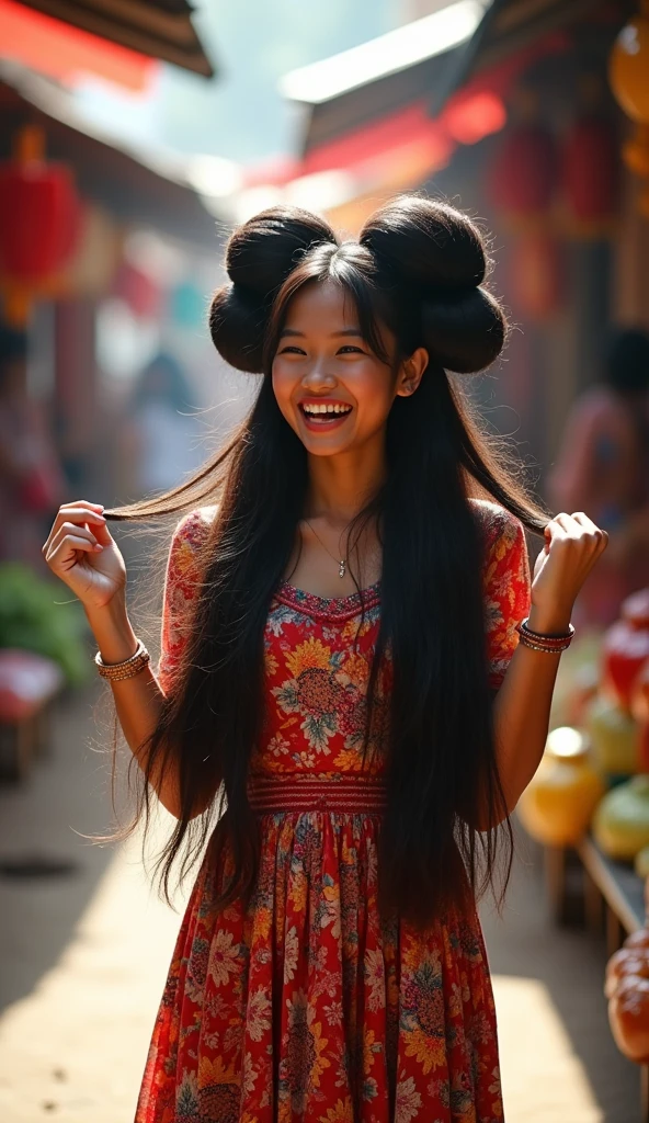 、Full body photo、Taken from about 4 meters away、ultra-realistic、. pretty Indonesian girl,(( with hair Bun)),((The size of the bun is 8 times the size of his head)),round hairbun, very large Bun,longhair girl, floor length hair, very thick hair,full hair on floor,(one  hand lift hair),wear colour full long dress,on middle of traditional market, bright sunlight from side,laugh,
