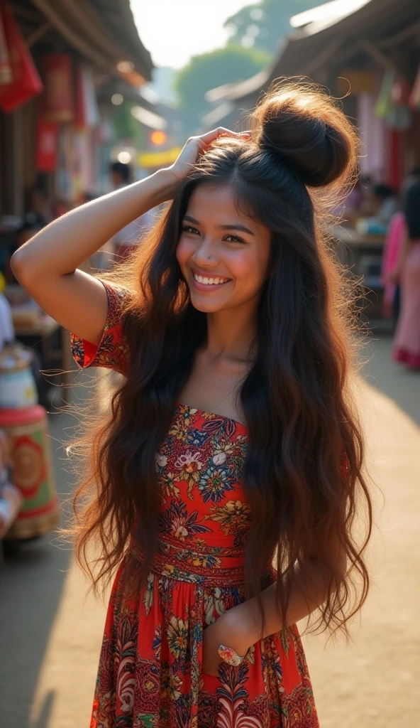 、Full body photo、Taken from about 4 meters away、ultra-realistic、. pretty Indonesian girl,(( with hair Bun)),((The size of the bun is 8 times the size of his head)),round hairbun, very large Bun,longhair girl, floor length hair, very thick hair,full hair on floor,(one  hand lift hair),wear colour full long dress,on middle of traditional market, bright sunlight from side,laugh,