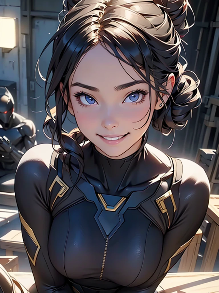 Wearing a hero costume。, Long, flowing black hair, Black Eye, futuristic tight suit, Dark purple and black suit, Smiling girl, The Academy Behind the Scenes, At the hero training field、, Other classmates can be seen in the background.。, mother, Beautiful and cheerful girl, Her hair is adorned with a golden barrette。, Wavy silky hair, Pale, porcelain-like skin, (Highest quality,4K,8k,High resolution,masterpiece:1.2),Very detailed,(Realistic,photoRealistic,photo-Realistic:1.37),Intricate details,Cinema Lighting,Vibrant colors,Dynamic configuration,Dramatic Shadows,Volumetric Fog,Glamorous ornaments,Glowing Energy Effect,Advanced. She is a girl with a calm expression.。. full length. Attention to detail. The facial details are detailed。. Attention to detail. Very beautiful girl. Slim figure. Her hair is neatly tied back。, With a golden hair clip、.Adult. Hair tied back in a bun。. Hair tied up. full length. (Does not emphasize breasts) She is of medium height、. Not a baby face