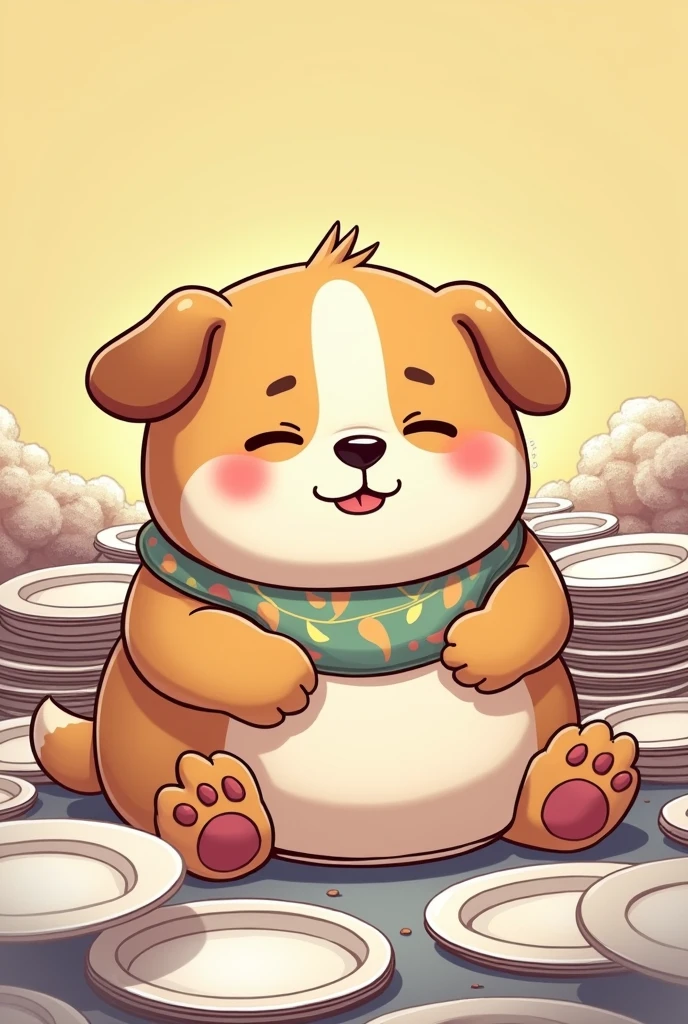 , Plump dog, swollen belly, Pile of empty plates, Happy expression, Baby clothes, anime, manga, interesting