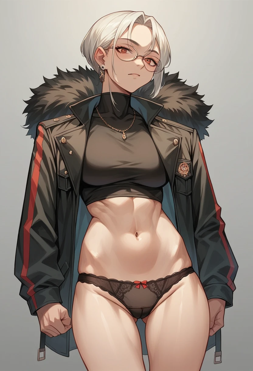 photograph of a 20 year old woman, Perfect face, Masterpiece, GOOD, underwear, negro_GOOD, Jacket, negro_panties