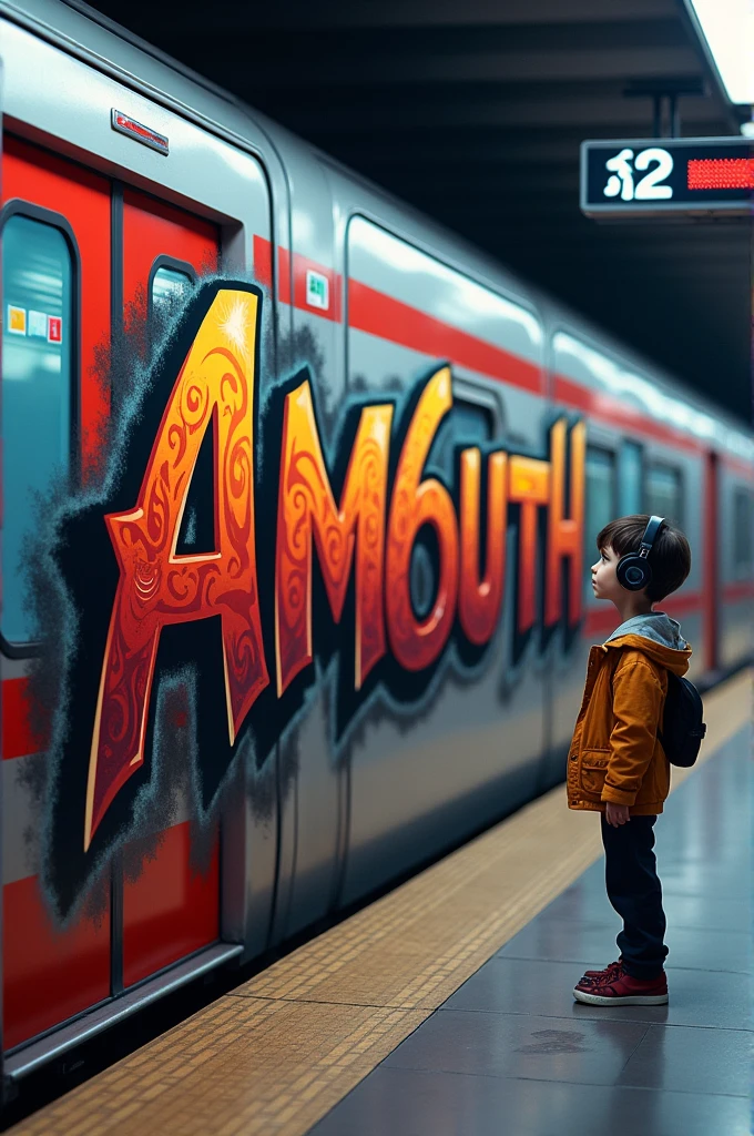 A brand am6uth is painted in metro train and the passenger boy with headphone on platform he is looking that painting curiously