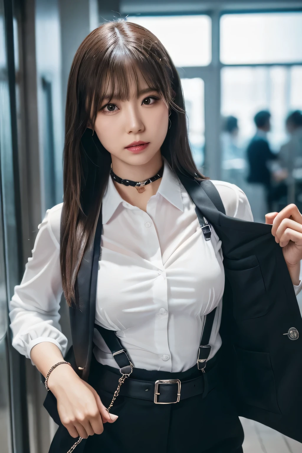 a woman in a suit, belt, hands behind back, sweating, suspenders, black pants, sexly, large breasts, see-through clothing, rain, detective, office worker, white button-up shirt, (best quality,4K,8k,highres,masterpiece:1.2),ultra-detailed,(realistic,photorealistic,photo-realistic:1.37),hyper-detailed,highly detailed face and body, Slender thin suspenders Moderate breasts See-through shirt Nipples holster chain Pistol Armament criminal Female criminal knife