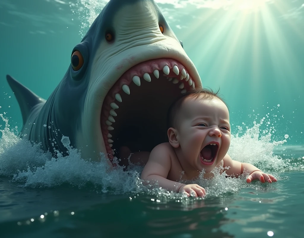 We need such an image in which a shark has taken the whole body of a in its mouth and that babyscreaming loudly for help. crying highlighted sunlight