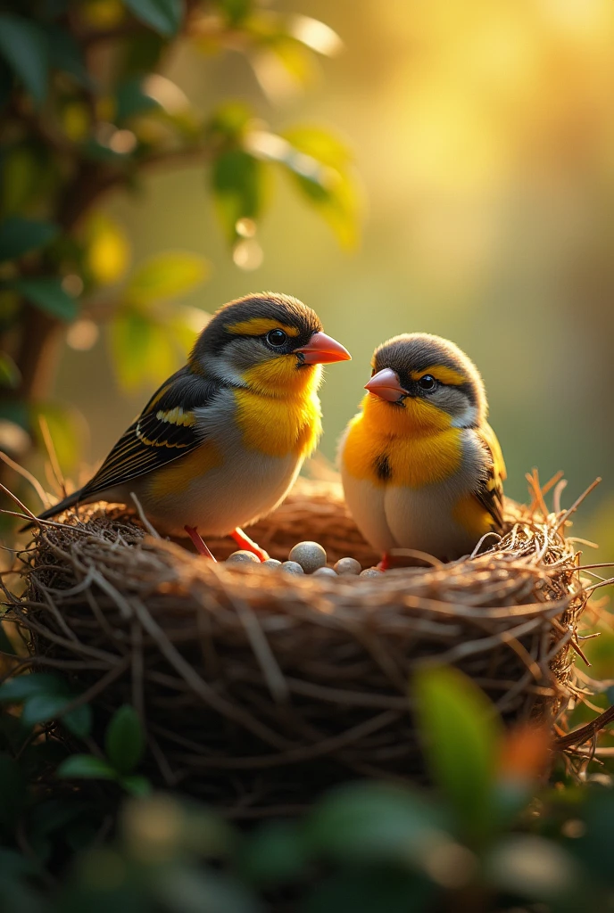 (masterpiece:1.2,excellent quality,Like a mirror,cinematic experience),8K,wallpaper,(Happy sparrow family),(Nest),(Light Particles),(warm light)