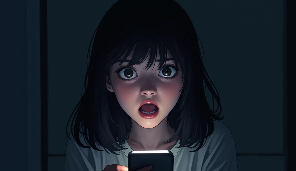 There is a shadow、Digital Art、A young woman with dark hair is surprised holding a smartphone in her hands、The eyes of a young woman with dark hair are wide open、A young woman with dark hair has her mouth wide open、A young woman with dark hair is looking at her smartphone screen