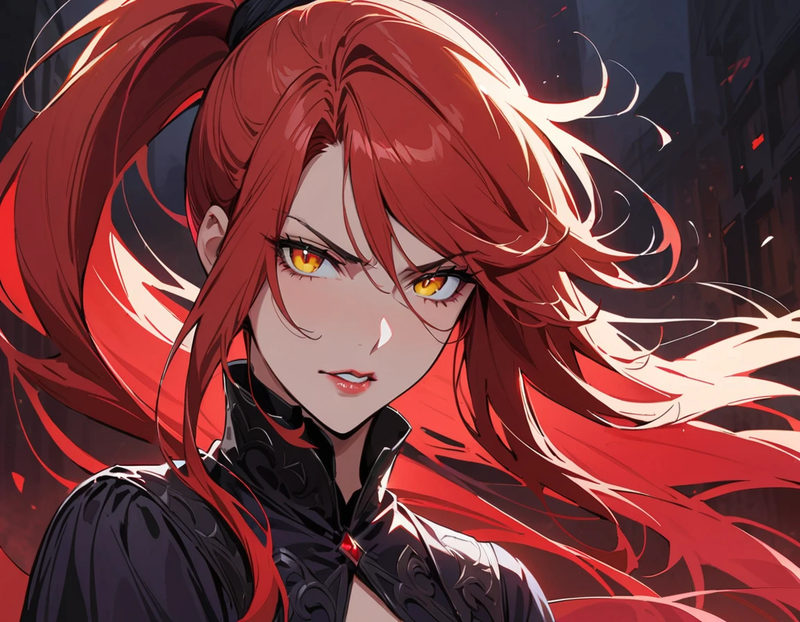 Long red hair, yellow eyes, evil, sexy, black and red clothes, tied hair, cute hairstyle, evil face, evil, serious look, gloss lips, sit, sinister, front look, bloody, gloves, beautiful eyes, short dress, big white, dark place, night, sensual, straigh hair cut, clear skin, evil, young 30 years girl, adult girl, solo, red, very long hair, HAIR DOWN, ANKLE LENGTH HAIR, FIERCE EXPRESSION, villain, handsome older WOMAN,crimson-eyes,crimson pupils,Long CRIMSONhair,Hyperresolution,accuracy,Detailed rendering,(Subtle facial image)(Image of fine hair)(topquality)(Masterpieces of masters)(High degree of completeness)(A sense of atmosphere)tmasterpiece,Super detailed and super detailed(portrait))(((Mature woman))) (((Villain))) (((Older female)))(((half body view)))(((Hair tied back into a long ponytail)))