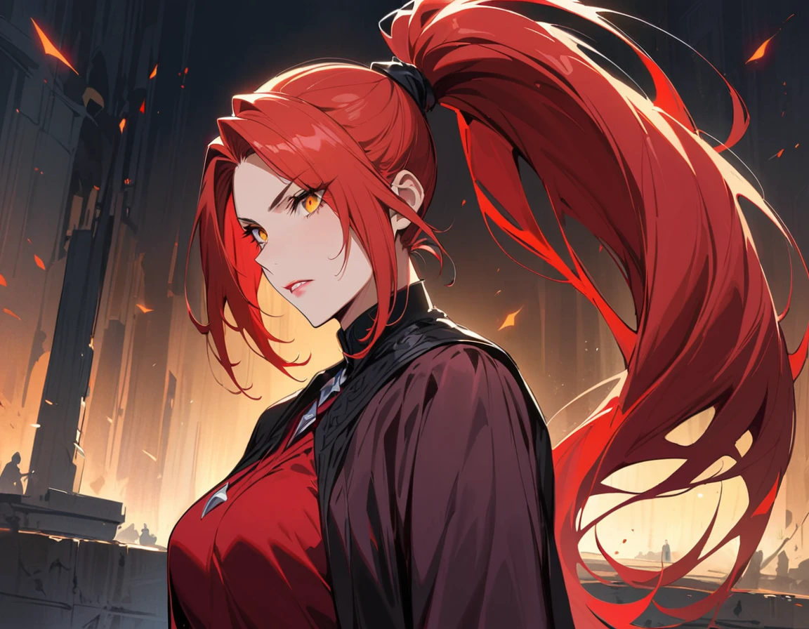 Long red hair, yellow eyes, evil, sexy, black and red clothes, tied hair, cute hairstyle, evil face, evil, serious look, gloss lips, sit, sinister, front look, bloody, gloves, beautiful eyes, short dress, big white, dark place, night, sensual, straigh hair cut, clear skin, evil, young 30 years girl, adult girl, solo, red, very long hair, HAIR DOWN, ANKLE LENGTH HAIR, FIERCE EXPRESSION, villain, handsome older WOMAN,crimson-eyes,crimson pupils,Long CRIMSONhair,Hyperresolution,accuracy,Detailed rendering,(Subtle facial image)(Image of fine hair)(topquality)(Masterpieces of masters)(High degree of completeness)(A sense of atmosphere)tmasterpiece,Super detailed and super detailed(portrait))(((Mature woman))) (((Villain))) (((Older female)))(((half body view)))(((Hair tied back into a long ponytail)))