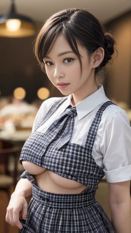 waitress、waitress、waitressだよ❗️(8k, RAW Photos, 最high quality, masterpiece: 1.2), (Realistic, photoRealistic: 1.37), 1 歩道に立っているwaitressのを着た女性, ,Ultra mini skirt、 Professional Lighting, Photon Mapping, , Italyアのの女性, Torn, Sommelier、,Italyア、Italy、 Ultra compact uniform、,At a fine dining restaurant， 胸がbig、Incredibly beautiful face、masterpiece, 最high quality, high quality, High resolution, big , (Face close-up),working at a restaurant、Carrying tableware、Hair is tied、Updo、Playmate proportions、エロスwaitress、Please tie your hair tightly、expose as much skin as possible、、The ultimate revealing outfit、Slicked back hair、Infinite Strip、Slicked back hair、oh、Nipple poking stimulation、Tingling in the nipples、Anal feels good、Checked clothing,Checker Mode、