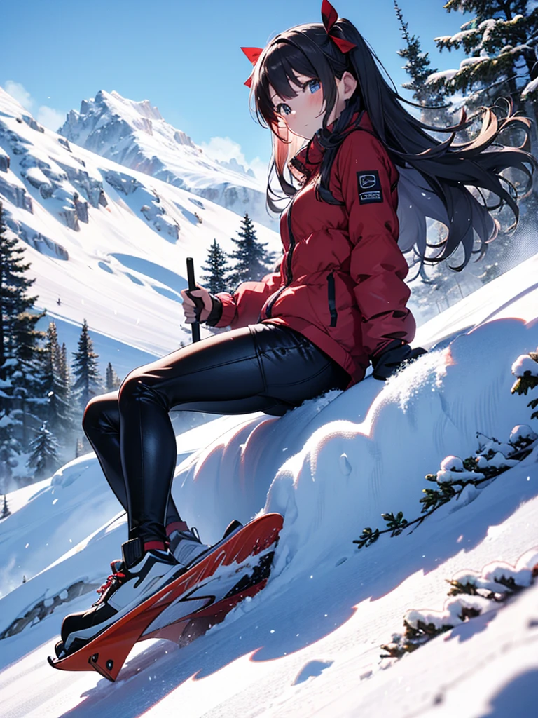 Snow Scenery, The background is snowy mountains, avalanche, snow board, snow boardでjump, cute, Beauty, Tohsaka Rin, (masterpiece), highest quality, 1girl, uhd, retina, masterpiece, ccurate, anatomically correct, textured skin, super detail, high details, high quality, best quality, highres, 4K