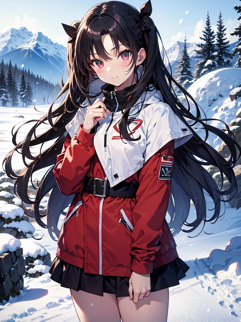 Snow Scenery, The background is snowy mountains, avalanche, snow board, snow boardでjump, cute, Beauty, Tohsaka Rin, (masterpiece), highest quality, 1girl, uhd, retina, masterpiece, ccurate, anatomically correct, textured skin, super detail, high details, high quality, best quality, highres, 4K