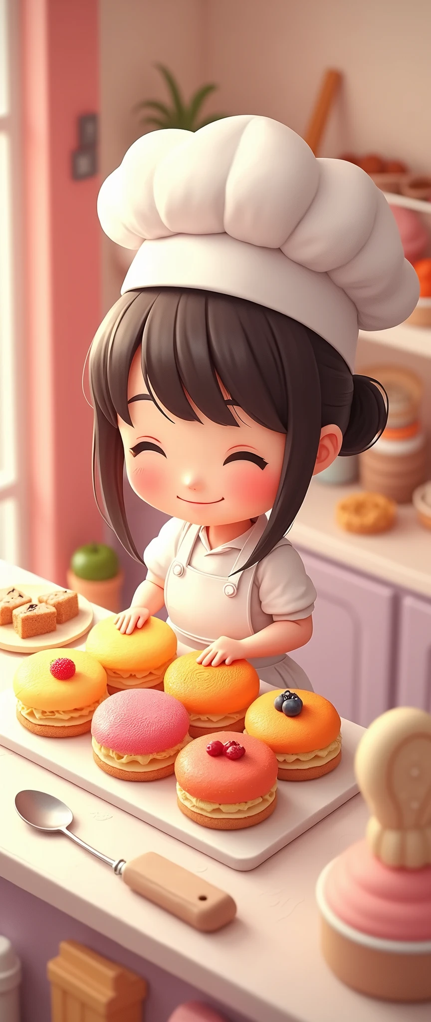 (masterpiece:1.2, Highest quality,Ultra-high resolution,Super detailed),8k,(wallpaper),(Photorealistic:2.0),(Best illustrations:2.0),(Cake shopで働くちびキャラのかわいい女性Pastry chef:2.0),(Cake shopには様々Roll cakes made with various fruits are arranged in a square shape.,Cake shop,Pastry chef,Very simple design),(isometric illustration:2.0)