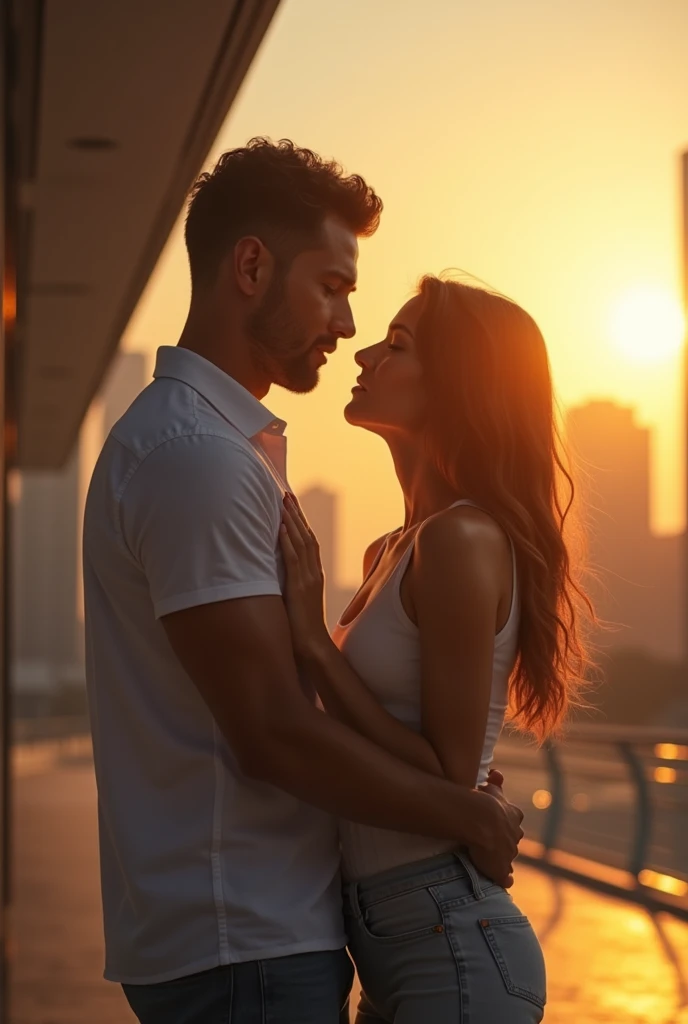 On a sunny afternoon in front of a modern building a man hugs a woman but the man will not look at the woman he is hugging, the man looks at another woman who is in front