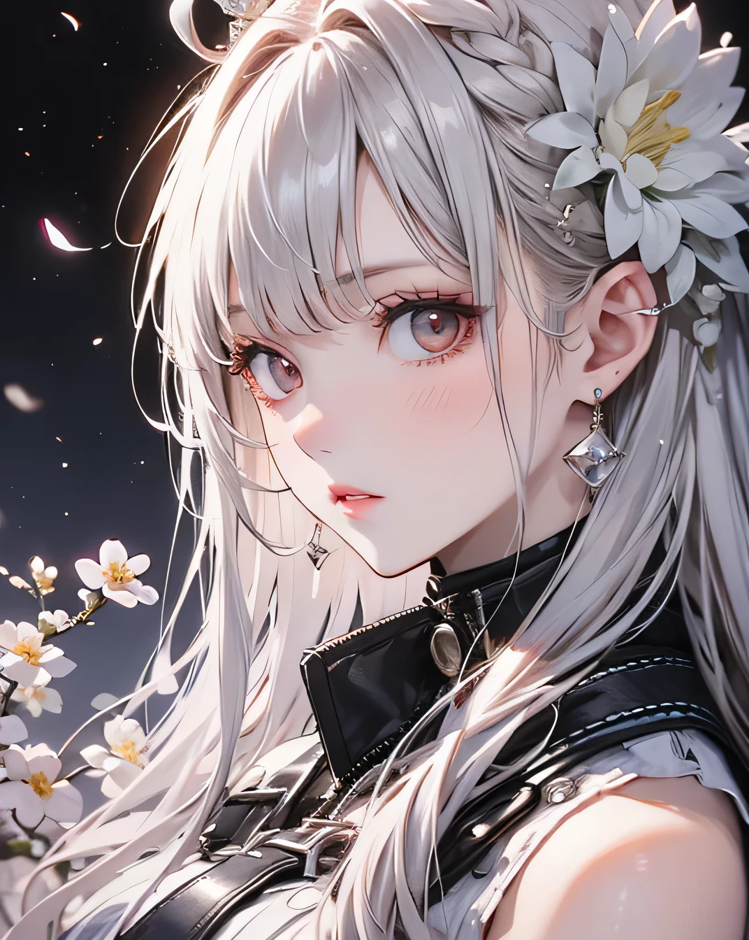 Masterpiece, Best night, full moon, One beautiful woman, Mature Woman, Cold Face, Expressionless, silvery white, Long Hair, Pale pink lips, calm, intellectual, Three Belts, Grey Eyes, assassin, Flowers,