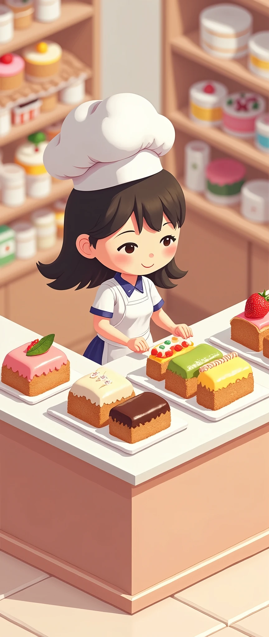 (masterpiece:1.2, Highest quality,Ultra-high resolution,Super detailed),8k,(wallpaper),(Photorealistic:2.0),(Best illustrations:2.0),(Cake shopで働くちびキャラのかわいい女性Pastry chef:2.0),(Cake shopには様々Roll cakes made with various fruits are arranged in a square shape.,Cake shop,Pastry chef,Very simple design),(isometric illustration:2.0)