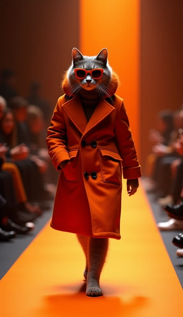 This photo depicts a cat wearing a dark orange coat, styled like a winter coat with a high collar and two side pockets. The cat is wearing orange sunglasses, the color tone matches the shirt and background, creating a fashionable and stylish style. All details in the image are in orange or bright orange tones, creating uniformity and prominence. A cinematic fashion show. confidently walk on the runway. The background should have dramatic lighting and the audience should sit on either side to watch the show.