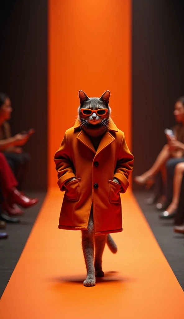 This photo depicts a cat wearing a dark orange coat, styled like a winter coat with a high collar and two side pockets. The cat is wearing orange sunglasses, the color tone matches the shirt and background, creating a fashionable and stylish style. All details in the image are in orange or bright orange tones, creating uniformity and prominence. A cinematic fashion show. confidently walk on the runway. The background should have dramatic lighting and the audience should sit on either side to watch the show.