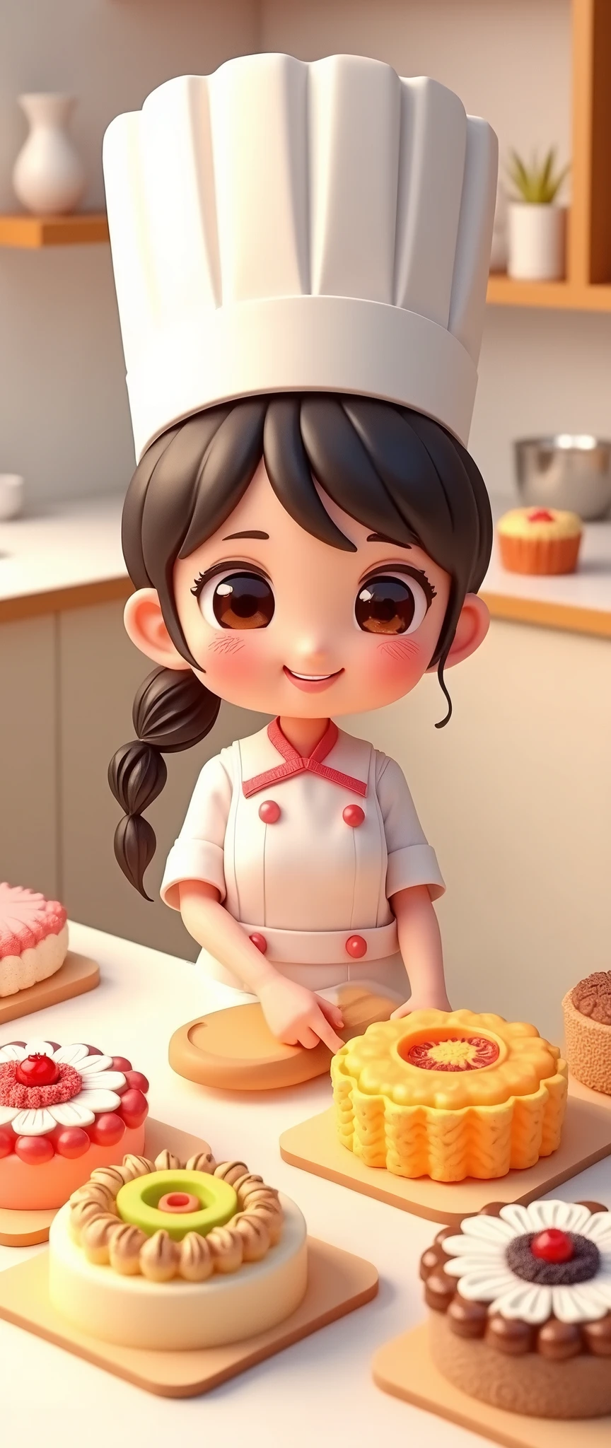 (masterpiece:1.2, Highest quality,Ultra-high resolution,Super detailed),8k,(wallpaper),(Photorealistic:2.0),(RAW Photos:2.0),(Plastic Models:2.0),(Cake shopで働くちびキャラのかわいい女性Pastry chef:2.0),(Cake shopには様々Roll cakes made with various fruits are arranged in a square shape.,Cake shop,Pastry chef,Very simple design),(isometric illustration:2.0),(Plastic Models:2.0),Matte Paint