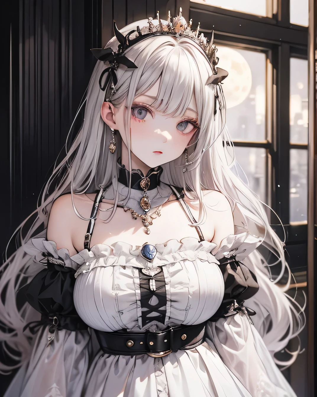 Masterpiece, Best night, full moon, One beautiful woman, Mature Woman, Cold Face, Expressionless, silvery white, Long Hair, Pale pink lips, calm, intellectual, Three Belts, Grey Eyes, assassin, Flowers,