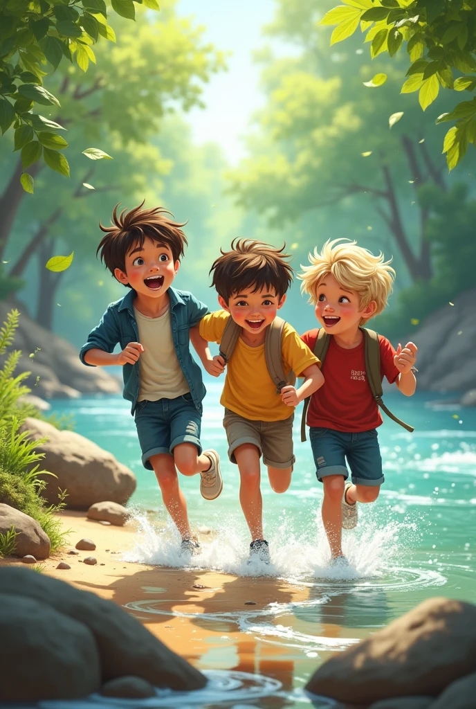 নদীর পারে তিনজন ছেলে মজা করছে