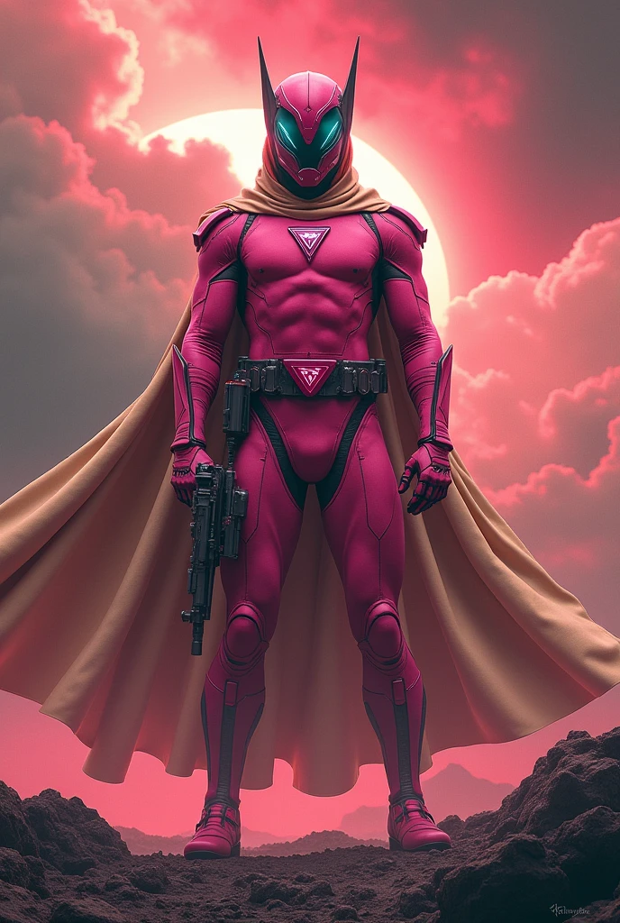 high-tech suit, posterize effects, malaysian superhero (KELUANG MAN) in a striking pink and beige costume cyberpunk design, jumpsuit dark pink stands confidently in a dramatic, stormy landscape. ((Head covered node guard))The character wears a helmet with pointed ears and a flowing cape. Equipped with visible futuristic weapons on a belt, they exude a powerful presence against a backdrop of swirling clouds and a red hue sky.logo on chest triangle shape punisher center on chest pink logo . The ground is uneven and rocky, adding to the intense atmosphere. --ar 3:4 --style raw --stylize 500 --v 6.1