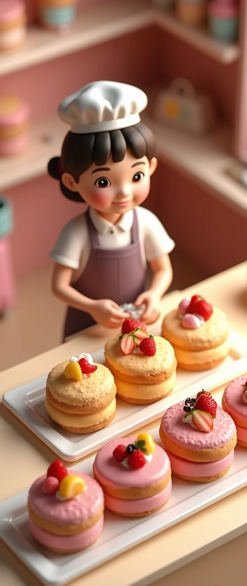 (masterpiece:1.2, Highest quality,Ultra-high resolution,Super detailed),8k,(wallpaper),(Photorealistic:2.0),(RAW Photos:2.0),(Plastic Models:2.0),(Cake shopで働くちびキャラのかわいい女性Pastry chef:2.0),(Cake shopには様々Roll cakes made with various fruits are arranged in a square shape.,Cake shop,Pastry chef,Very simple design),(Isometric 3D diorama:2.0),Matte Paint
