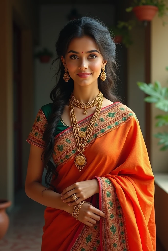 Indian beautiful married Marathi woman wearing navari saree in Marathi traditional style