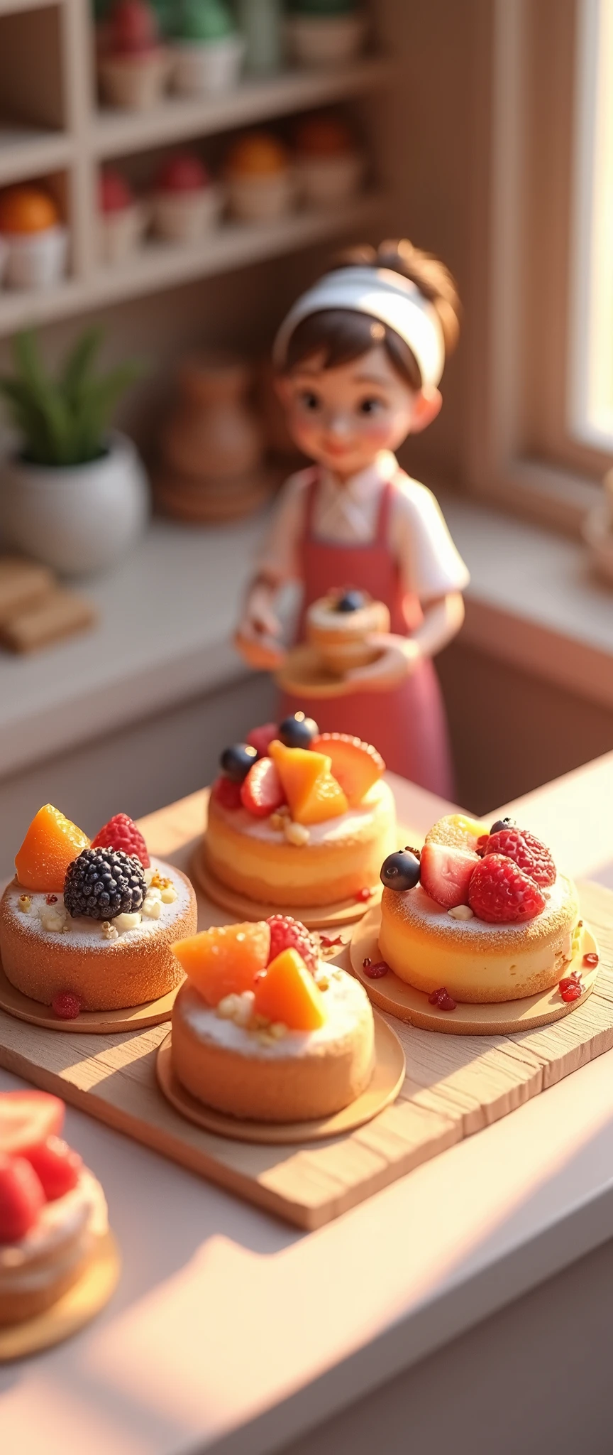 (masterpiece:1.2, Highest quality,Ultra-high resolution,Super detailed),8k,(wallpaper),(Photorealistic:2.0),(RAW Photos:2.0),(Plastic Models:2.0),(Cake shopで働くちびキャラのかわいい女性Pastry chef:2.0),(Cake shopには様々Roll cakes made with various fruits are arranged in a square shape.,Cake shop,Pastry chef,Very simple design),(Isometric 3D diorama:2.0),Matte Paint