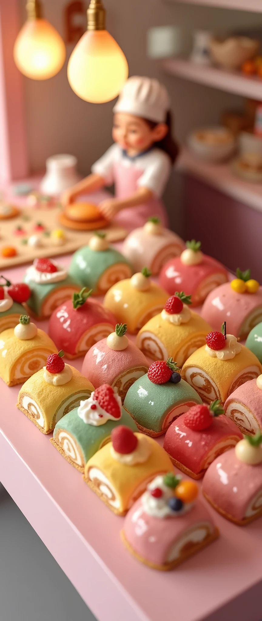 (masterpiece:1.2, Highest quality,Ultra-high resolution,Super detailed),8k,(wallpaper),(Photorealistic:2.0),(RAW Photos:2.0),(Plastic Models:2.0),(Cake shopで働くちびキャラのかわいい女性Pastry chef:2.0),(Cake shopには様々Roll cakes made with various fruits are arranged in a square shape.,Cake shop,Pastry chef,Very simple design),(Isometric 3D diorama:2.0),Matte Paint