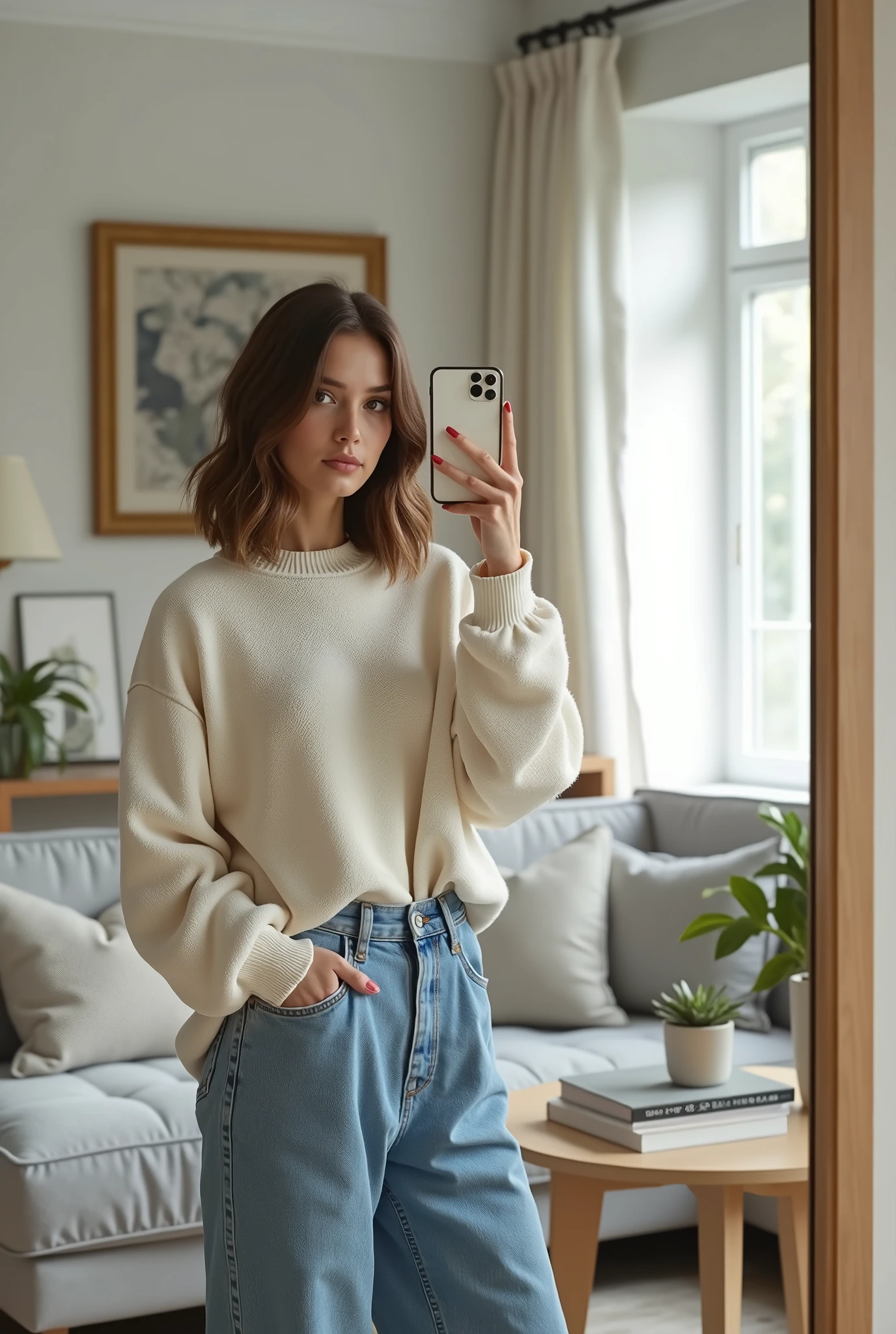 A young woman in her twenties, Caucasian with shoulder-length, slightly wavy brown hair, stands in her modern living room. She is dressed in a casual yet stylish outfit: a pair of high-waisted blue jeans that are fitted and slightly distressed, paired with a white oversized sweater with a cozy, relaxed fit. The sweater has a slight V-neck and long sleeves that are gently rolled up, giving it a laid-back look. Her natural hair falls softly over her shoulders, framing her face with its delicate features. She is holding her smartphone with one hand in front of a large wall mirror, capturing a photo of herself with a sweet and confident smile.

The living room is spacious and bright, featuring modern and elegant furniture. There is a light gray sofa adorned with cushions in various textures and colors. A light wooden coffee table sits in the center, with a few stacked books and a green potted plant adding touches of life and comfort. A large window allows