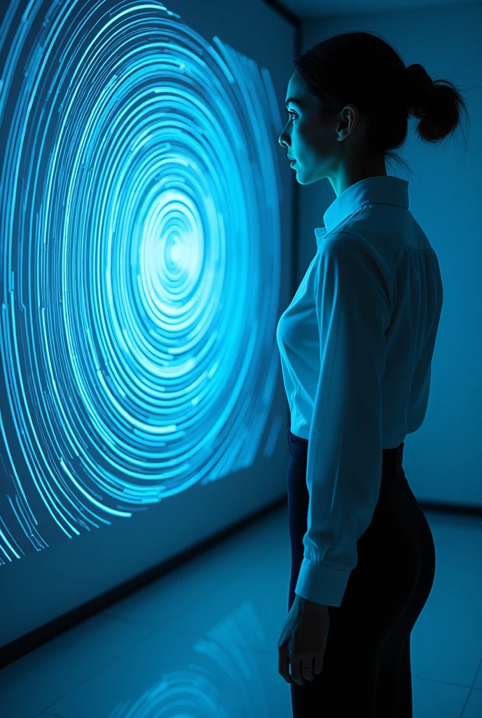 sexy woman, white shirt, pencil skirt, standing, in front of a computer screen depicting a spiral, she is hypnotized, her eyes become spirals, she looks at the screen, she walks back a little from the screen, her eyes light up blue, she sit to the floor in front of the computer screen