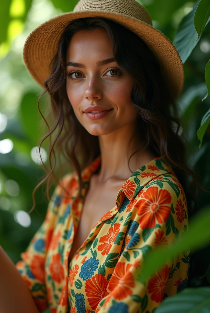 A Brazilian woman in a lush tropical garden, wearing an open shirt with a floral print, with a close-up capturing the harmonious beauty between her breasts and the natural flowers, showing off your natural charm and outgoing personality.