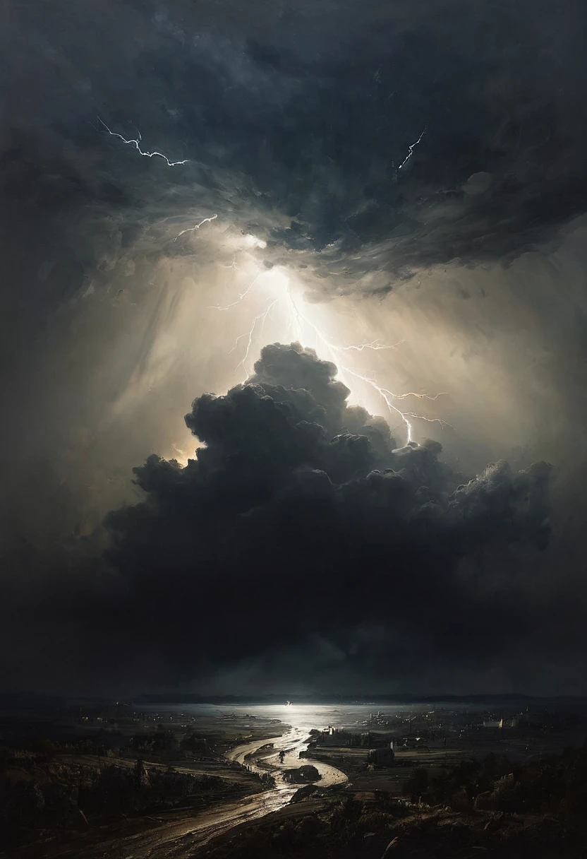 painting of a thunder dark clouds, lightning, dark atmosphere, cinematic scene, volumetric lights, ultra realistic, in the style of nicola samori