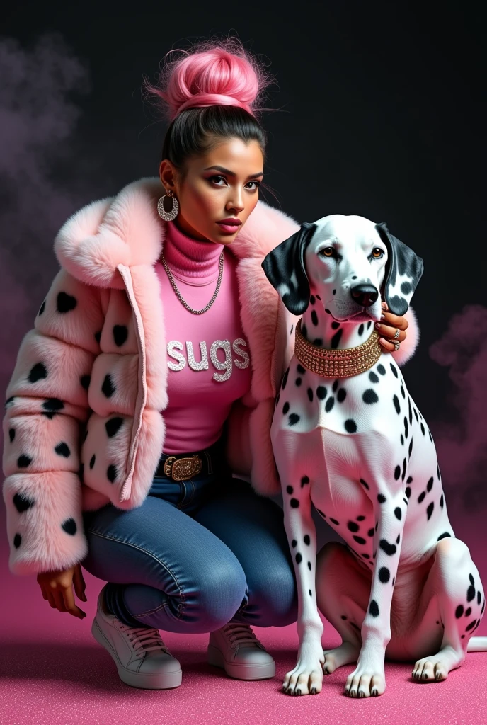 beautiful tanned polynese woman, wearing a designer fur puffer crop dalmatian print jacket , and pink turtle neck t-shirt underneath the coat, write "SUGS" with glitter on t-shirt, (t-shirt tucked in) (t-shirt underneath pants) tucked in the t-shirt inside underneath jeans pants, chain necklace, diamond rings, hoop earring, big diamond buckle leather belt, thick eyebrows, photorealistic, masterpiece, moncler, messy bun pink highlighted hair, open the jacket, lips pouting, pouts, void black background with smokes, glitters and particles and nice lighting, UHD, HDR, 8k, Masterpiece, beside her a big adult dalmatian wearing gold collar height is same with the woman, squatting on pink glittery floor, rap pose, squat pose, petting dog's head, eyes looking at camera.