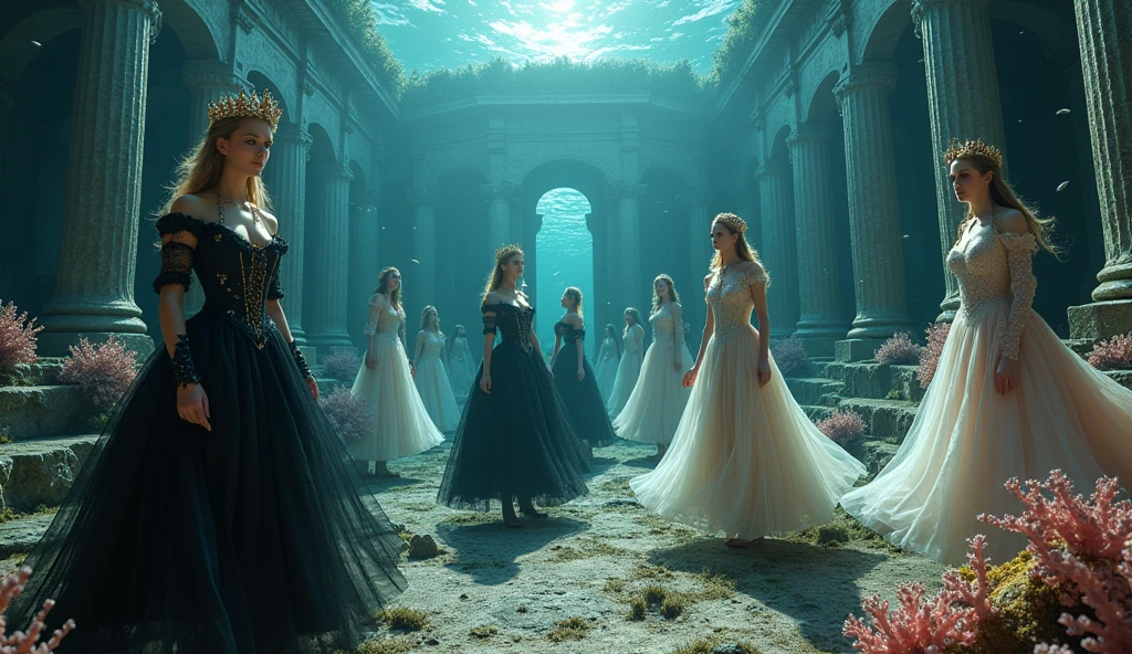 Extra wide angle 16:9 in a big under water ballroom. A super-realistic 18 y.o. beautiful queen sisters and friends mixed together, each in a different poses, europeans. 3 queens are dressed in a black many layered medieval lace-dresses in many layered riven and flowing with gothic garnish. Hyper-realistic fine detailed human eyes 1:1, black long flowing hair with black crowns. 4 queens have light blonde long hair, wearing shiny-gold crowns with pink crystals, dressed in a white and pale pink lace, medieval dresses 1:1. All the queens have best perfect hands, five fingers on each hand, small breasts cleavage, (fine detailed perfect eyes 1:1). Hyper detailed skin on body 1:1. Their faces have perfect detailed skin 1:1. They are all floating in a dark deep sea above a((big medieval ballroom very old realistic 1:3) in an old gothic perished palace)) on the bottom of the sea. Night scene with only pale moonlight. On the bottom of the palace floor are pink corals. Sea moss. Bright colored blue, pink, orange, green fishes swimming around. Octopus. Treasure chest with gold coins and jewelry in it. A fantastic scene that uses 3D Surreal 3D model.The entire setup is masterpiece 1:3 framed with the grandeur of medieval gothic style. photographed in a Canon EOS R5, 50mm Lens, F/2.8, (8K)"