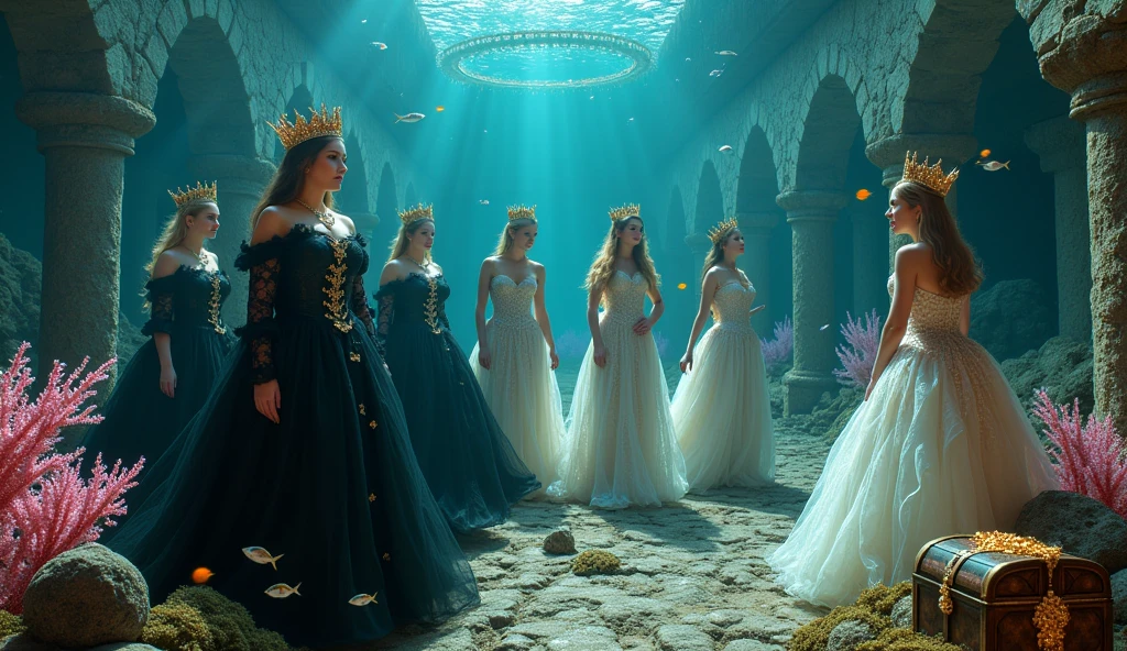 Extra wide angle 16:9 in a big under water ballroom. A super-realistic 18 y.o. beautiful queen sisters and friends mixed together, each in a different poses, europeans. 3 queens are dressed in a black many layered medieval lace-dresses in many layered riven and flowing with gothic garnish. Hyper-realistic fine detailed human eyes 1:1, black long flowing hair with black crowns. 4 queens have light blonde long hair, wearing shiny-gold crowns with pink crystals, dressed in a white and pale pink lace, medieval dresses 1:1. All the queens have best perfect hands, five fingers on each hand, small breasts cleavage, (fine detailed perfect eyes 1:1). Hyper detailed skin on body 1:1. Their faces have perfect detailed skin 1:1. They are all floating in a dark deep sea above a((big medieval ballroom very old realistic 1:3) in an old gothic perished palace)) on the bottom of the sea. Night scene with only pale moonlight. On the bottom of the palace floor are pink corals. Sea moss. Bright colored blue, pink, orange, green fishes swimming around. Octopus. Treasure chest with gold coins and jewelry in it. A fantastic scene that uses 3D Surreal 3D model.The entire setup is masterpiece 1:3 framed with the grandeur of medieval gothic style. photographed in a Canon EOS R5, 50mm Lens, F/2.8, (8K)"