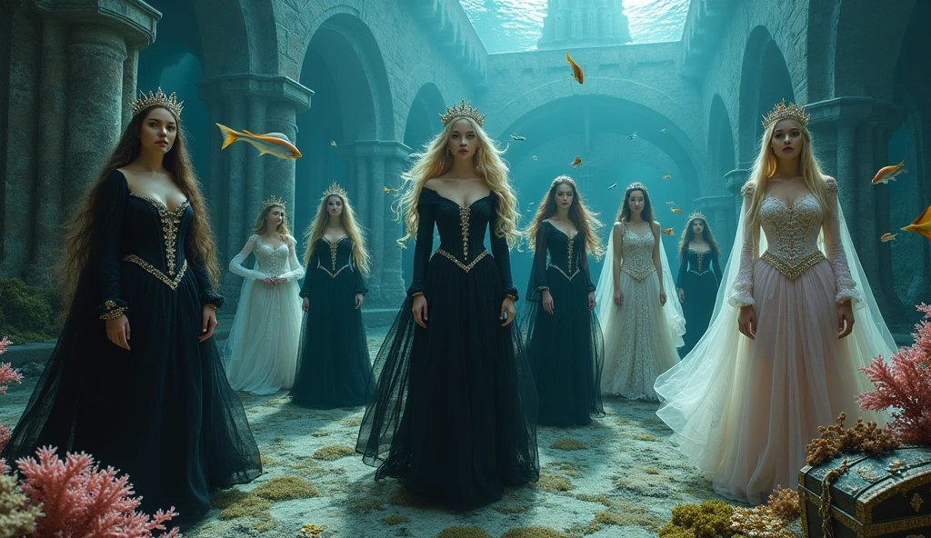 Extra wide angle 16:9 in a big under water ballroom. A super-realistic 18 y.o. beautiful queen sisters and friends mixed together, each in a different poses, europeans. 3 queens are dressed in a black many layered medieval lace-dresses in many layered riven and flowing with gothic garnish. Hyper-realistic fine detailed human eyes 1:1, black long flowing hair with black crowns. 4 queens have light blonde long hair, wearing shiny-gold crowns with pink crystals, dressed in a white and pale pink lace, medieval dresses 1:1. All the queens have best perfect hands, five fingers on each hand, small breasts cleavage, (fine detailed perfect eyes 1:1). Hyper detailed skin on body 1:1. Their faces have perfect detailed skin 1:1. They are all floating in a dark deep sea above a((big medieval ballroom very old realistic 1:3) in an old gothic perished palace)) on the bottom of the sea. Night scene with only pale moonlight. On the bottom of the palace floor are pink corals. Sea moss. Bright colored blue, pink, orange, green fishes swimming around. Octopus. Treasure chest with gold coins and jewelry in it. A fantastic scene that uses 3D Surreal 3D model.The entire setup is masterpiece 1:3 framed with the grandeur of medieval gothic style. photographed in a Canon EOS R5, 50mm Lens, F/2.8, (8K)"
