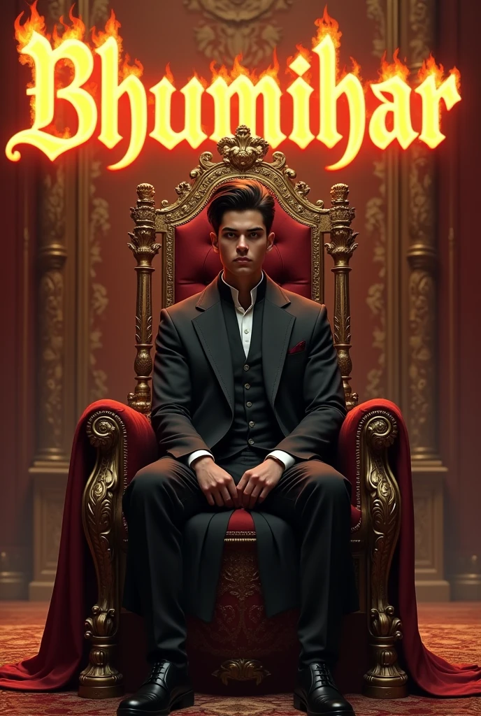 Create a realistic image of an attitude boy of 17 years sitting on a imperial chair with royal background and write in bold letters 'ARISTOCRATIC EMPEROR' written on the wall behind the boy chair.and also write BHUMIHAR WITH FIRE
