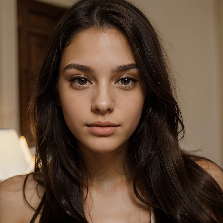 stunning young female french, 20 years old, huge brown eyes, huge lips, black straight long hair, no clothes, full face portrait, looking directly into camera