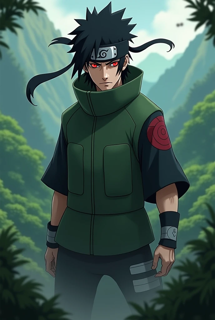 a tall black haired man wearing a konoha village headband and has red eyes
