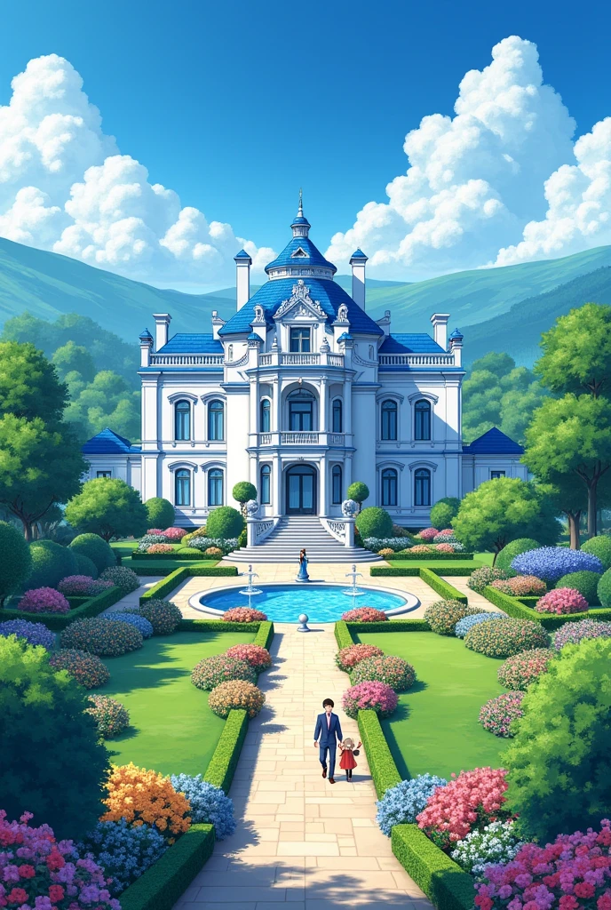 A large luxurious mansion whose main colors are blue and white. The villa's garden grows many colorful flowers. Anime style