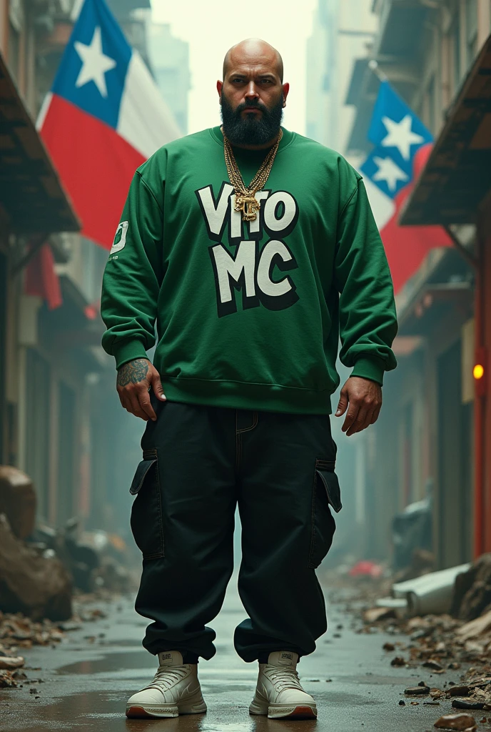 CyberRealistic white rapper thick build bald with beard and mustache wearing green sweatshirt with graffiti that says Vito Mc black baggy pants and white Nike sneakers blue and red additionally Chilean flag hanging somewhere